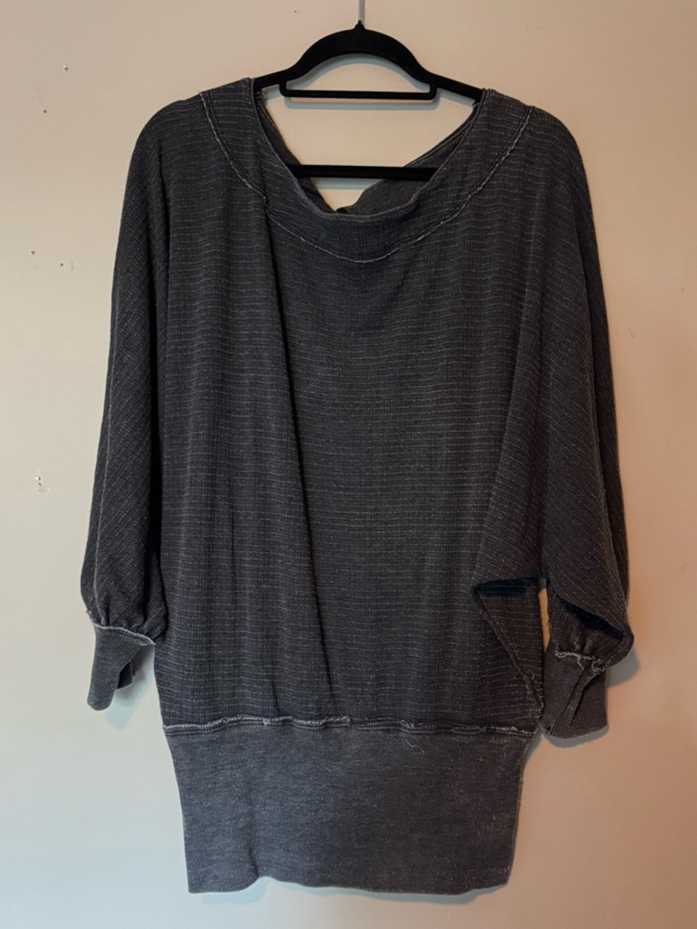 Free People We The Free Ribbed Charcoal  Cotton Blend Slouch Long Sleeve Shirt